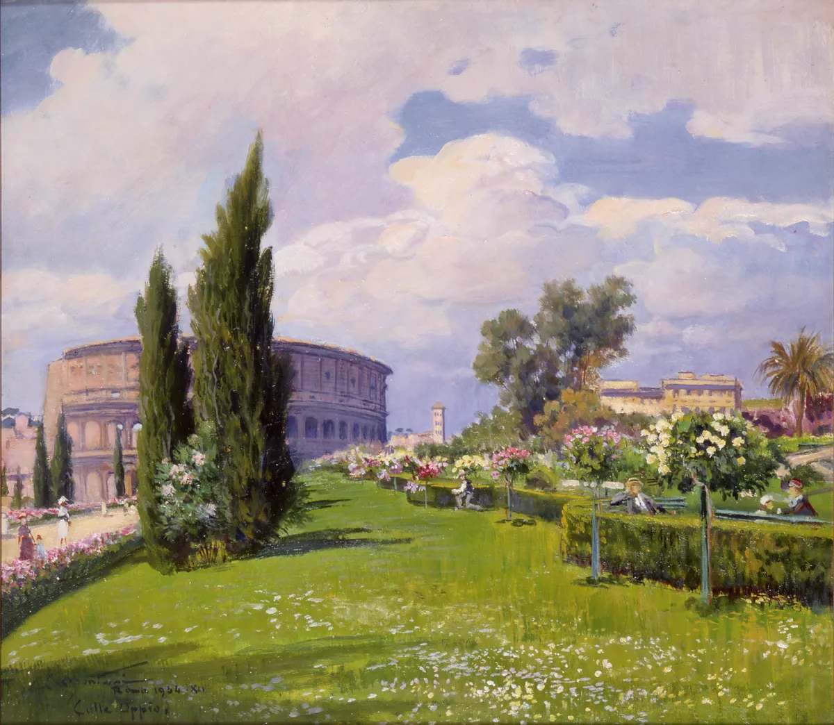 Dipinto di Carlo Montani del 1934 raffigurante il parco del Colle Oppio a Roma con prati fioriti, cipressi e il Colosseo sullo sfondo, testimonianza di un giardino storico oggi scomparso