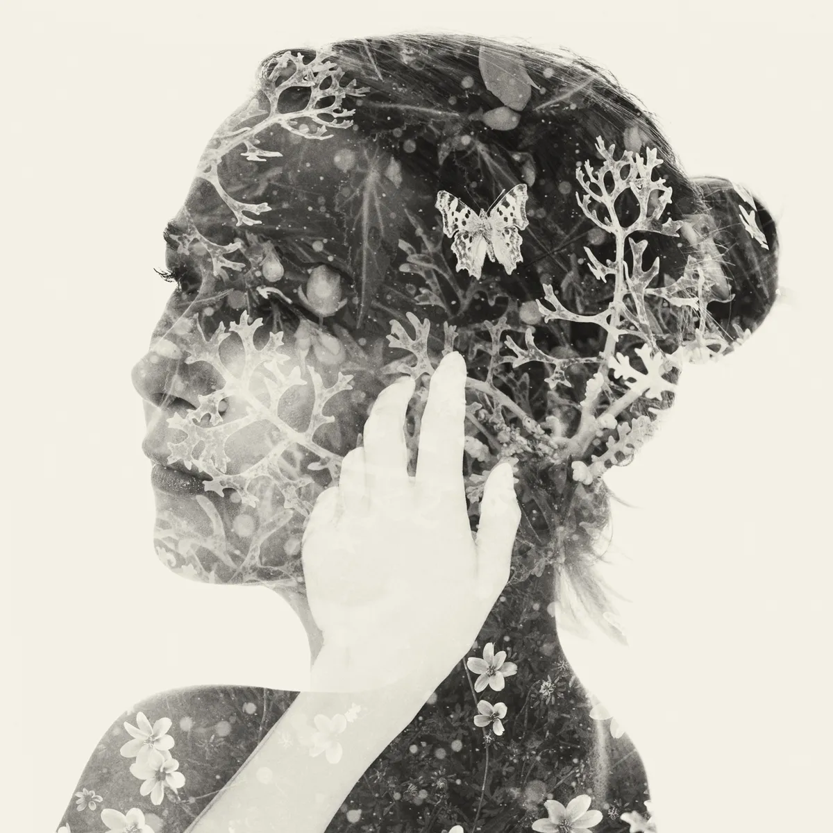 Doppia esposizione di profilo femminile con farfalle, licheni e fiori bianchi, Christoffer Relander