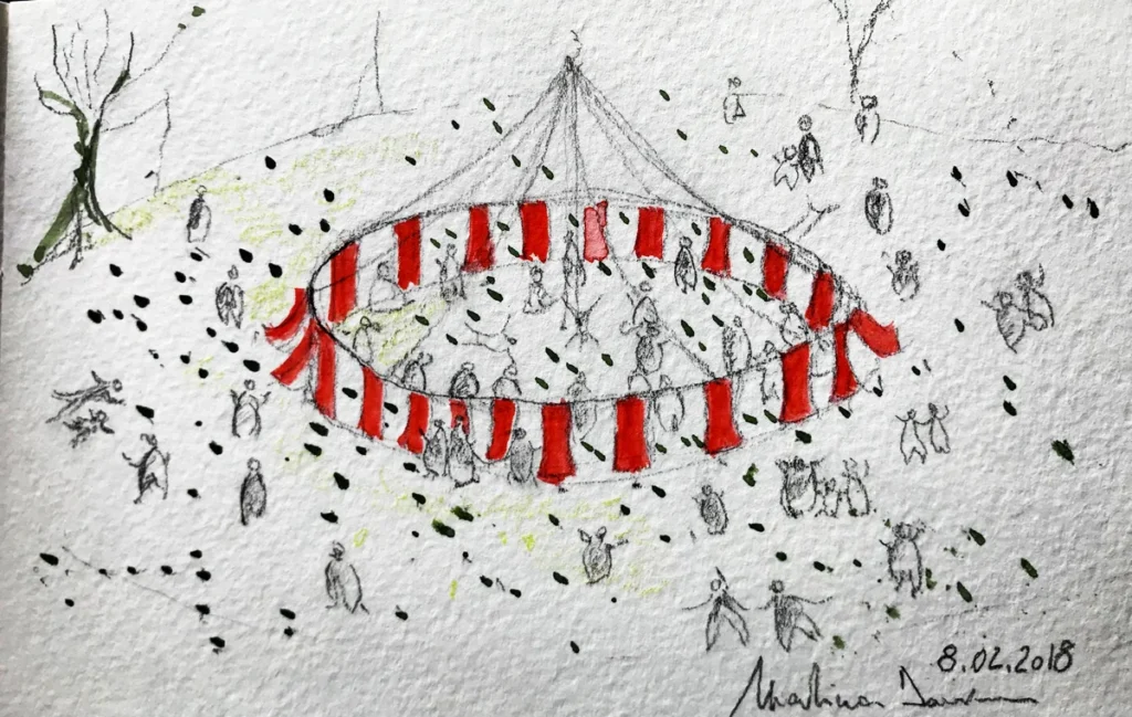 Schizzo del tendone del Prato della Fiera Disegno di un tendone con persone attorno.