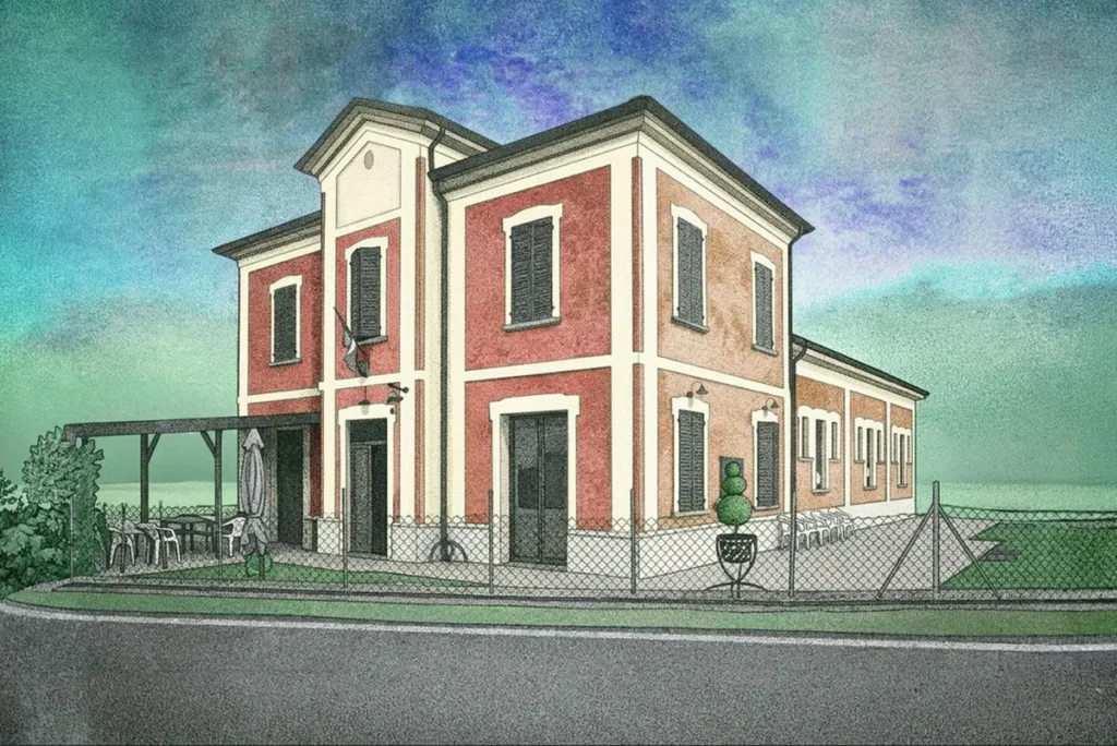 Illustrazione di un edificio storico rosso e beige a due piani.