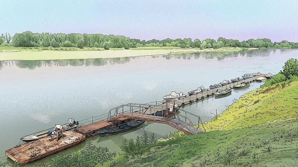 Illustrazione di un fiume con un pontile galleggiante e piccole barche ormeggiate.
