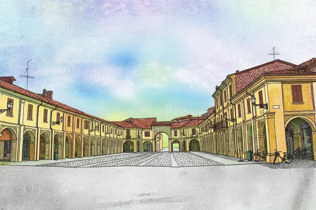 Illustrazione a colori di una piazza storica con porticati ed edifici gialli.